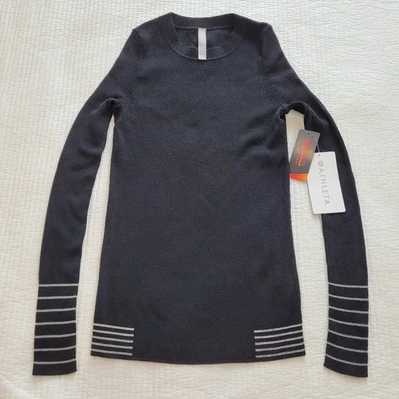 Athleta Table Rock Sweater Black Silver New NWT XS Merino Wool Thermolite Ribbed - Picture 3 of 9